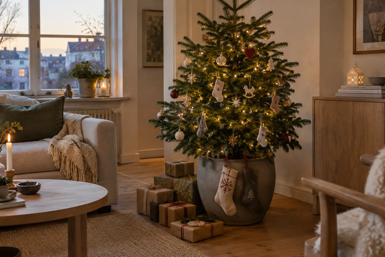Lille juletræ i potte i en lejlighedsstue med julesokker på grenene og ved krukken