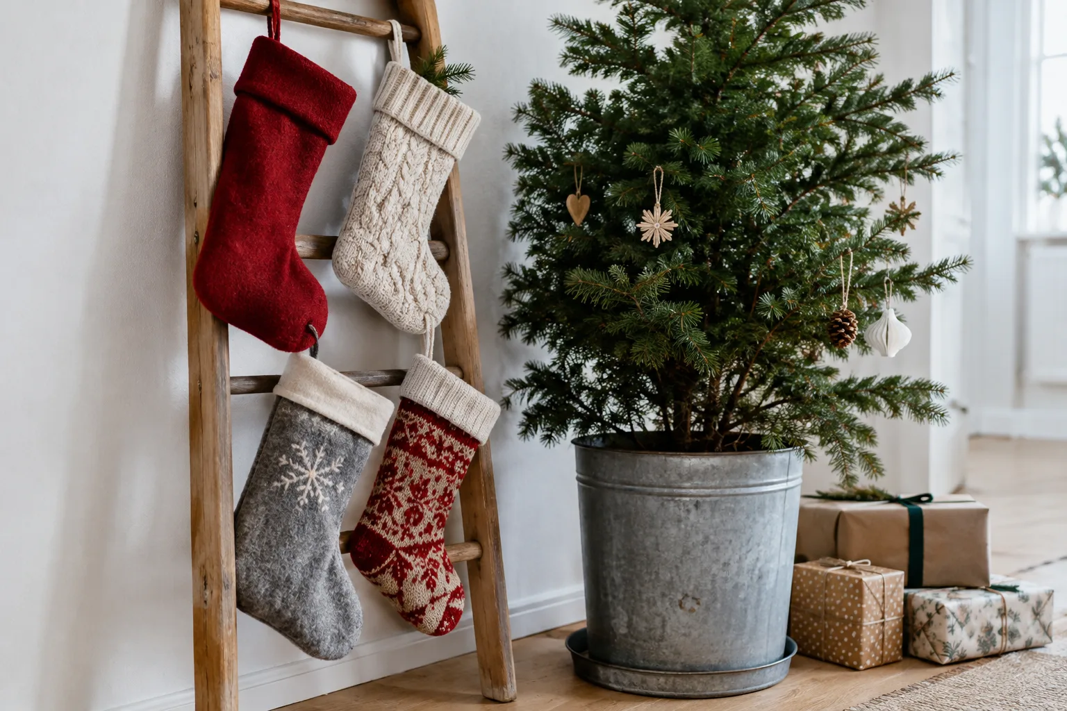 Store julesokker hængt op på en dekorationsstige ved siden af et juletræ i potte
